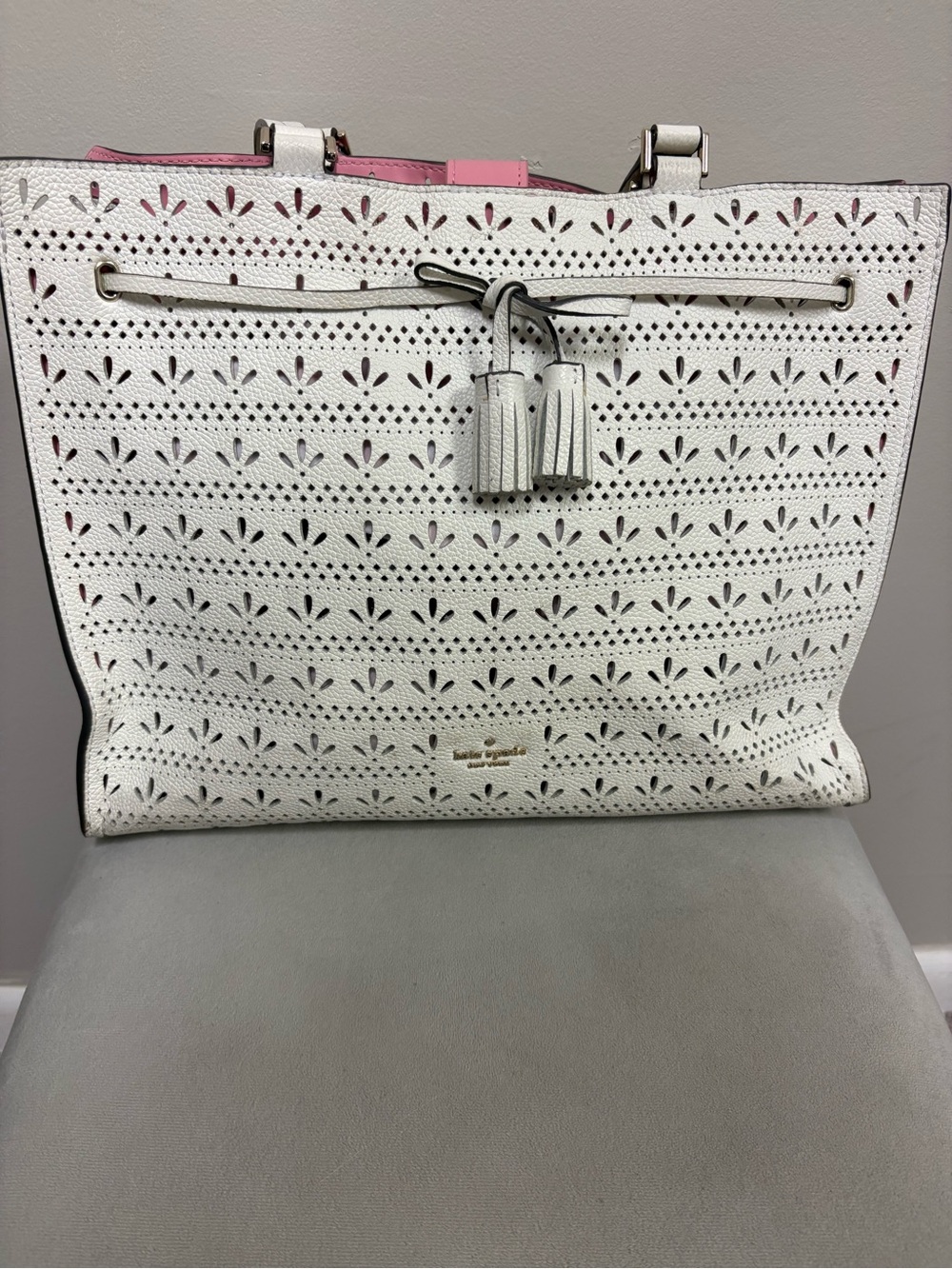 kate spade White Laser-Cut Leather Tote with Pink Lining and Tassel